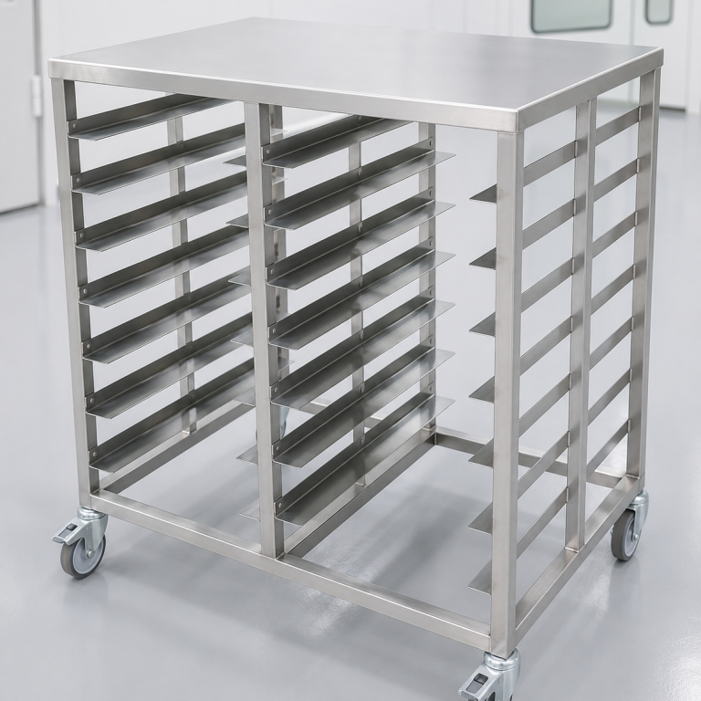 Maßgefertigter Edelstahl-Doppel-Einschubwagen für den Transport von Kunststofftrays und Warenträgern in der Leiterplattenfertigung.