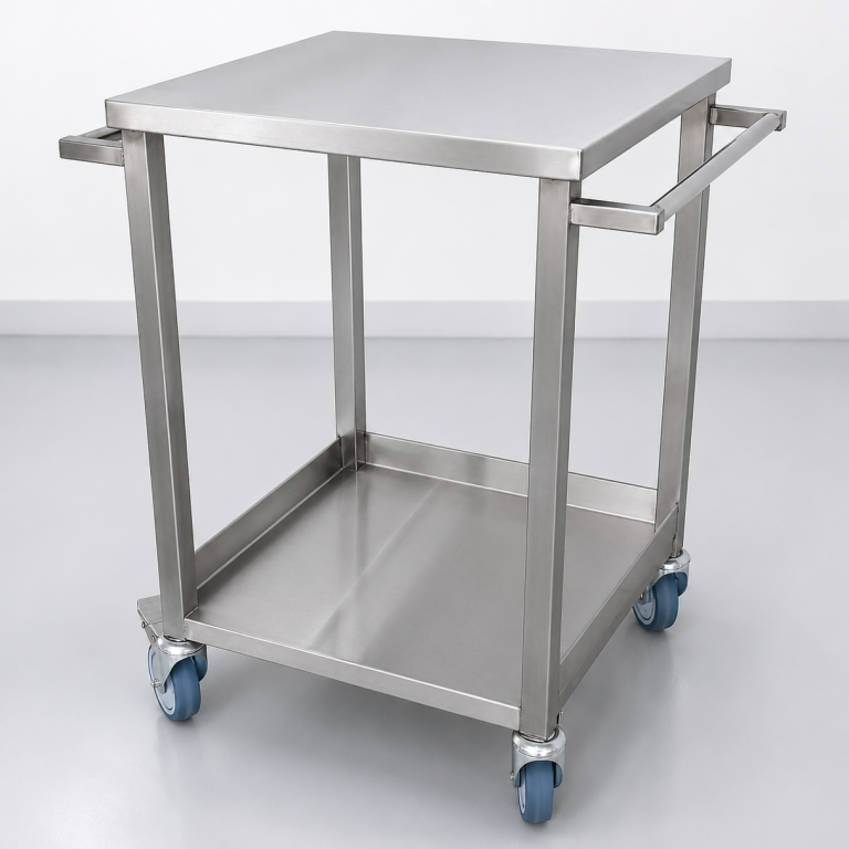Maßgefertigter Edelstahl-Transportwagen für den Materialtransport in der Leiterplattenfertigung und Elektronikproduktion.