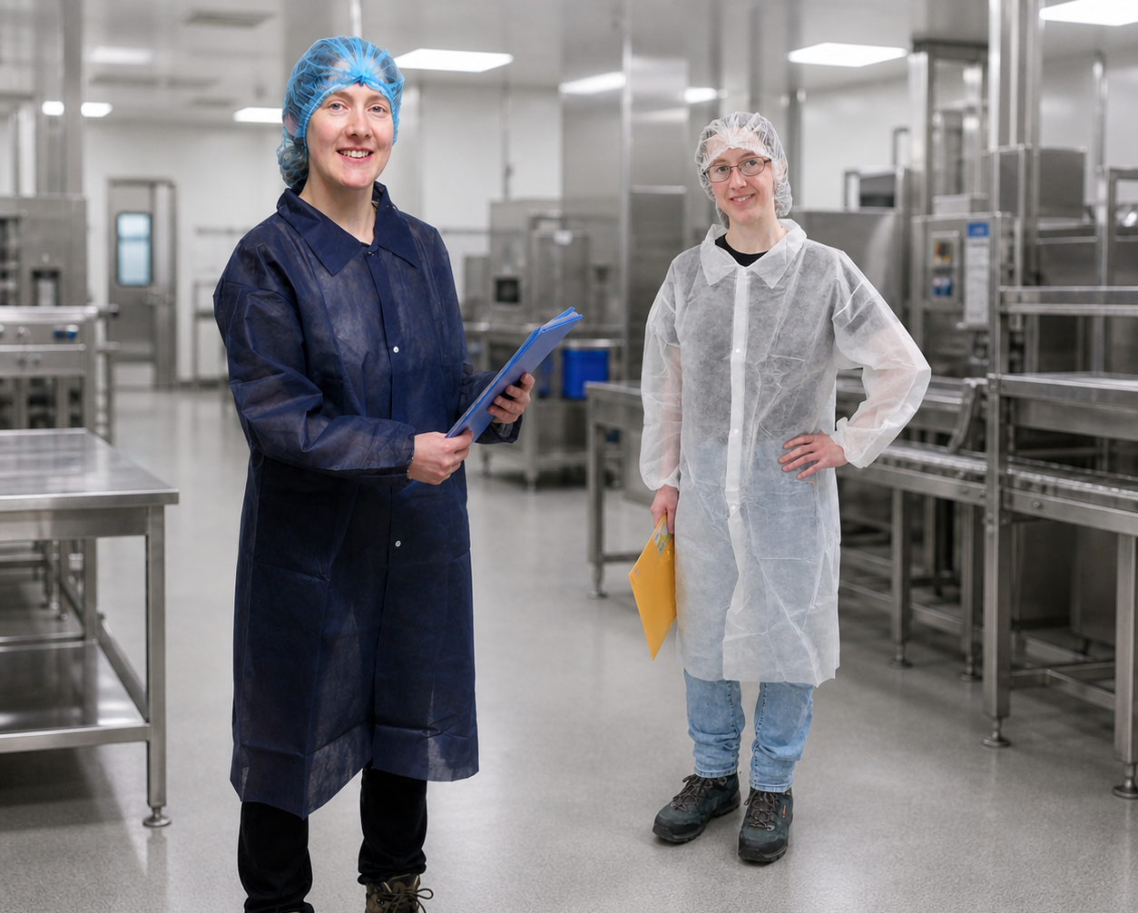 Zwei Frauen tragen weiße und blaue Einweg-Besucherkittel in einer Lebensmittelproduktion