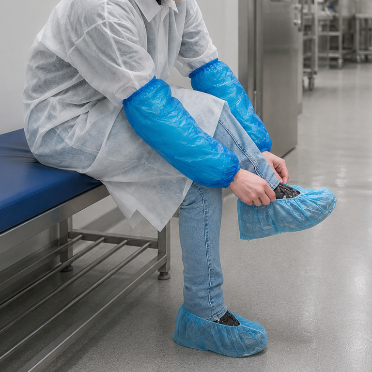 Person zieht Einweg-Überschuhe an und trägt Einweg-Ärmelschoner vor dem Betreten eines Hygienebereichs